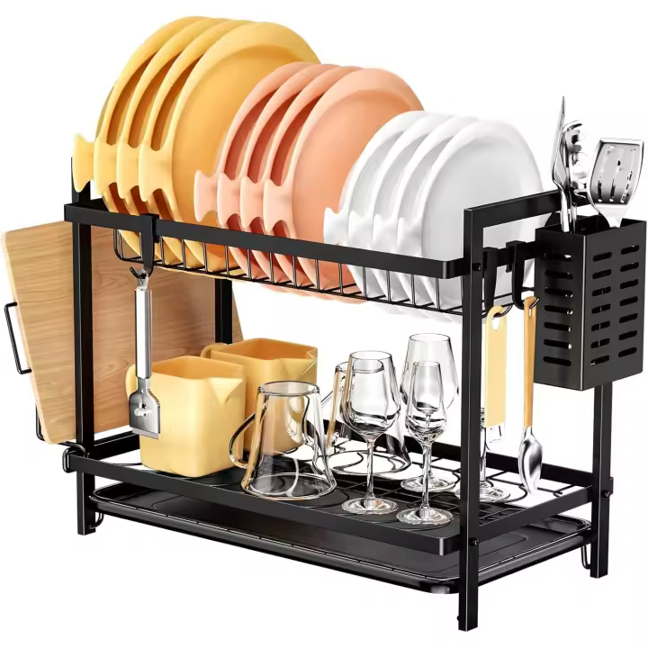 Escureplatos Grande Negro sobre Fregadero, de 2 Grados, with Bandeja Recogegotas y Portacubertos PARA LA Vajilla - 1