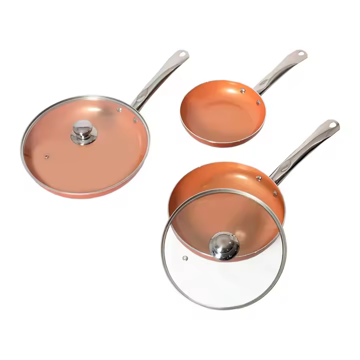 Juego de 3 Sartenes y 2 Tapas de Vidrio Templado |  Gas, Inducción y Vitrocerámica | Medidas: 20, 24, 28 cms | Apto para hornos | Color Cobre | Revestimiento Cerámica | Válido para cocinas de gas, eléctrica, vitrocerámica, inducción | RevolutionLine - 1