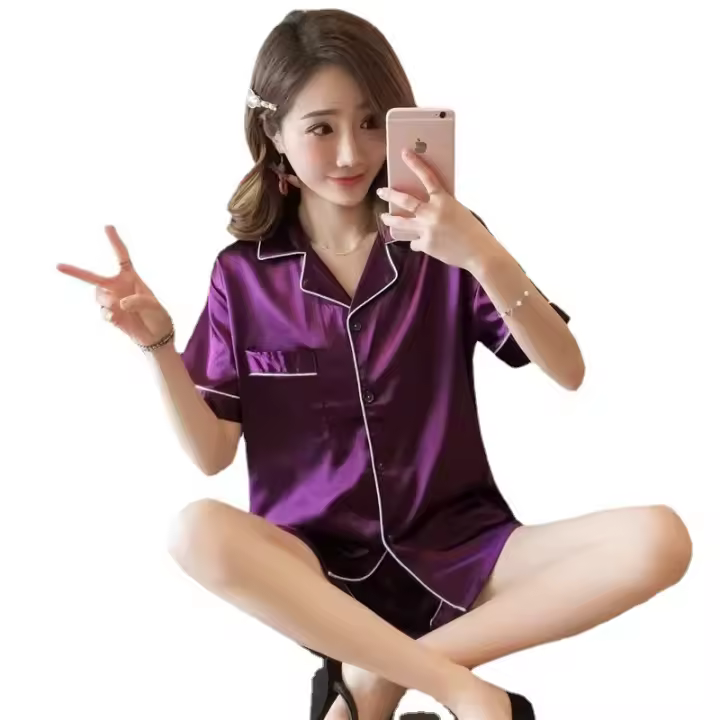 Conjunto De Pijamas De Seda Para Mujer 2 Piezas Camisola Y Shorts Estilo Elegante Sin Mangas Para Verano Dormir Y Descansar - 1