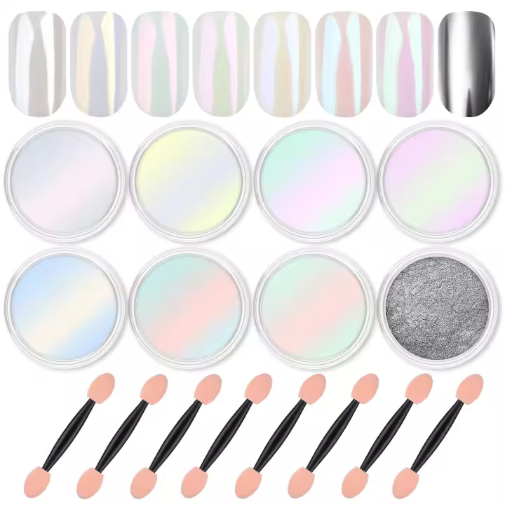 Kit de 8 frascos de polvos de uñas cromados, efecto espejo, holográficos, plateados y metálicos, para manualidades con resina y decoración de uñas. - 1