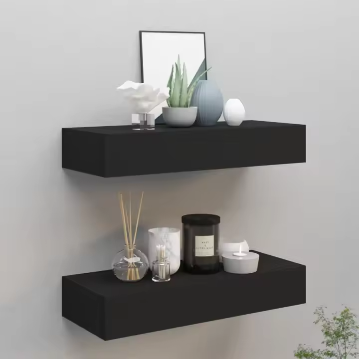 Estantes de pared con cajón 2 uds MDF negro 60x23,5x10 cm - 1
