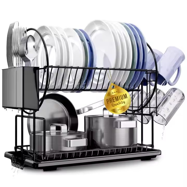 Escurreplatos Acero Inoxidable para Fregadero con Soporte para Utensilios Extraíble, Portavasos y Estante de Secado - Escurridor de Platos Función de Drenaje Automático - Escurre Platos - 1