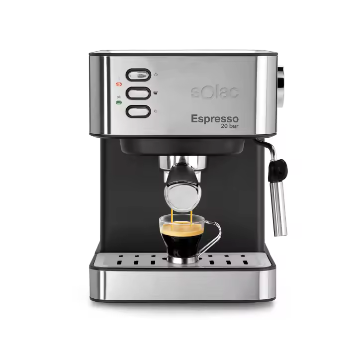 Solac - Cafetera Espresso INOX 2en1  20 Bar  Sistema Doble Salida y Super Crema  Bandeja Calientatazas  Vaporizador Orientable 1.2L Apto  Cápsulas y Café Molido  Apagado automático - 1