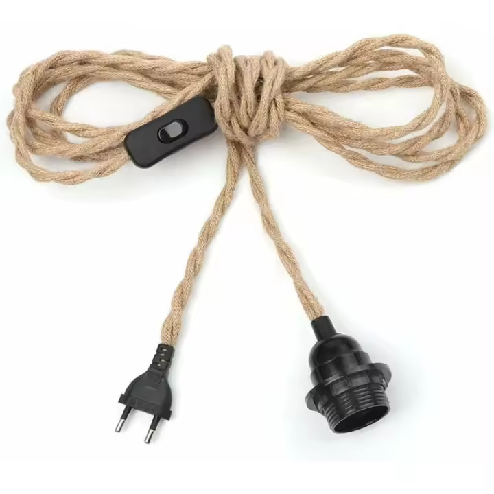 Interruptor de enchufe E27 con cable de alambre, portalámparas industrial, cable eléctrico, cable de cuerda de cáñamo de 4,5 m para lámpara colgante de bricolaje - 1