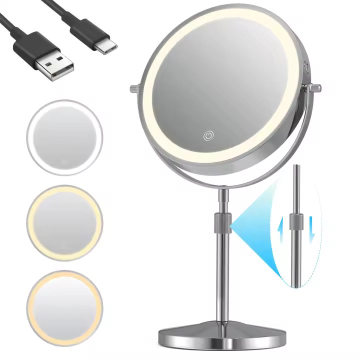 Espejo De Maquillaje De 8 Pulgadas Con Doble Cara Y Lámpara 10X Magnificación 3 Colores De Luz Adjustabilidad De Brillo Y Altura - 1