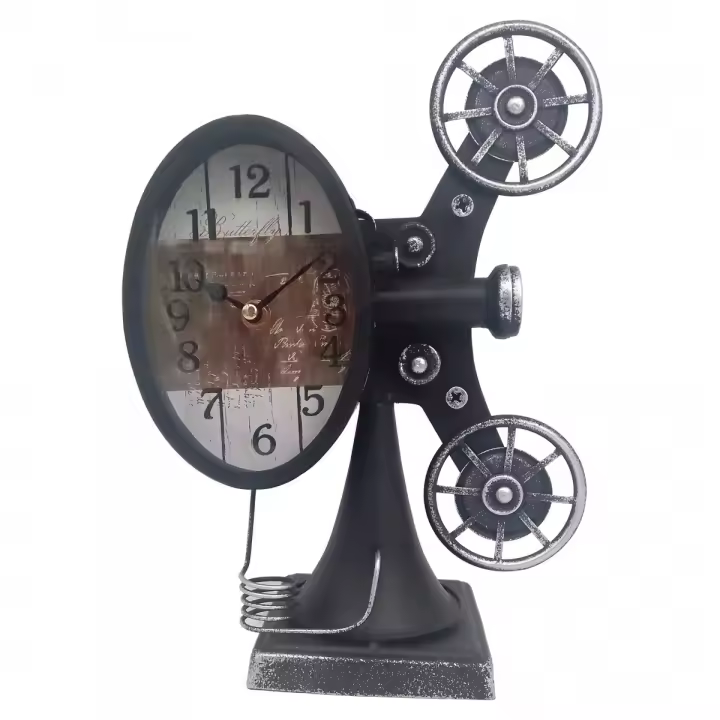 CAPRILO REGALOS & DECORACIÓN Reloj Decorativo de Mesa de Metal y Cristal "Proyector Películas". Adornos y Esculturas Reto. Regalos Originales. Decoración Hogar. 21,50 x 11 x 30 cm - 1