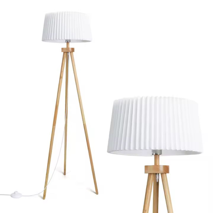 Aigostar lampara de pie salon vintage de madera trípode, lampara pie con plisada pantalla blanca de lino e interruptor de pie, compatible con bombillas E27（Max.60W）, madera maciza, estilo nórdico - 1