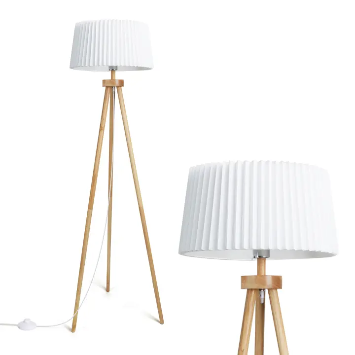 Aigostar lampara de pie salon vintage de madera trípode, lampara pie con plisada pantalla blanca de lino e interruptor de pie, compatible con bombillas E27（Max.60W）, madera maciza, estilo nórdico - 1