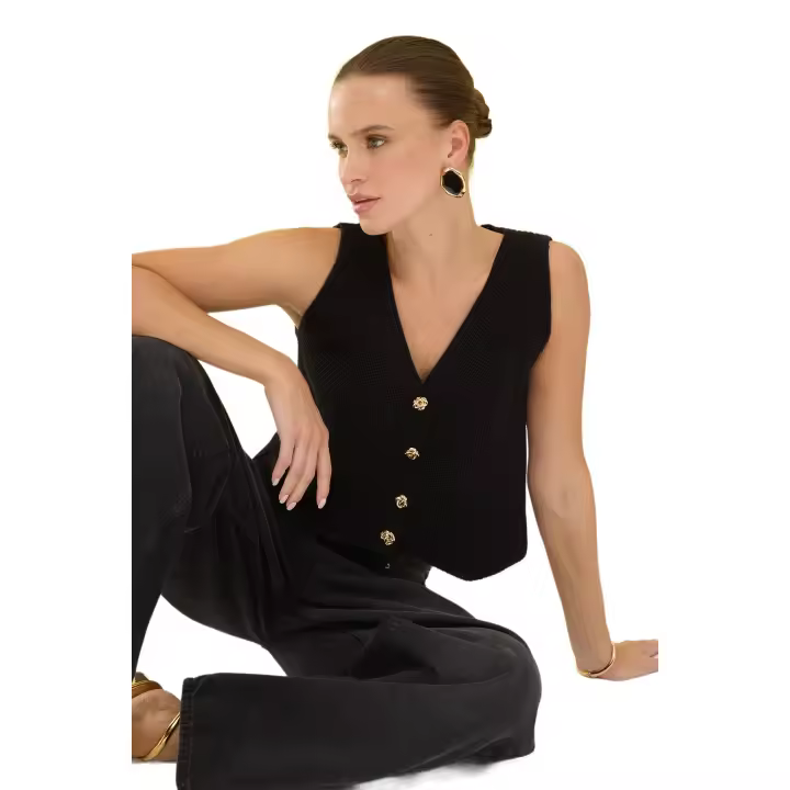 Trendyol Black Mercerized Look Button Detailed V Neck Vest Twoss25Ye00045 - 1