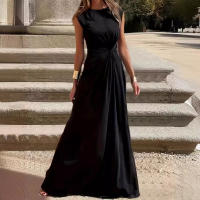 Vestido Largo Para Mujer Elegante Y Casual Con Cintura Ajustada Estilo De Comunicación Moda De Otoño Con Cuello Redondo Y Mangas Spaghetti - details 0