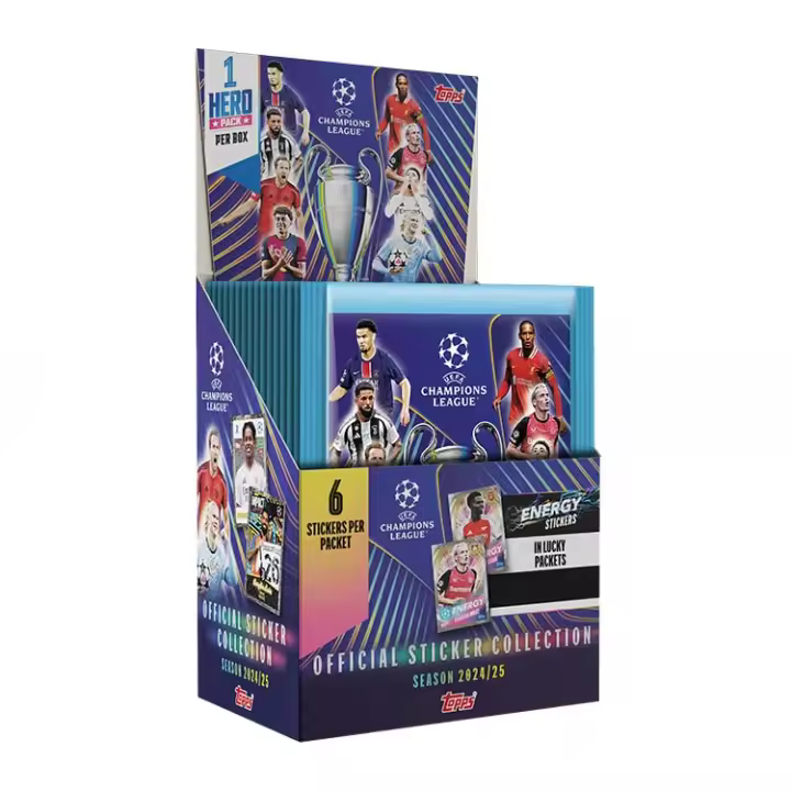 Topps UEFA Champions League Stickers 2024/25 - Full Box (50 sobres /300 stickers). 1 Hero Packet garantizado dentro de La Caja - 1