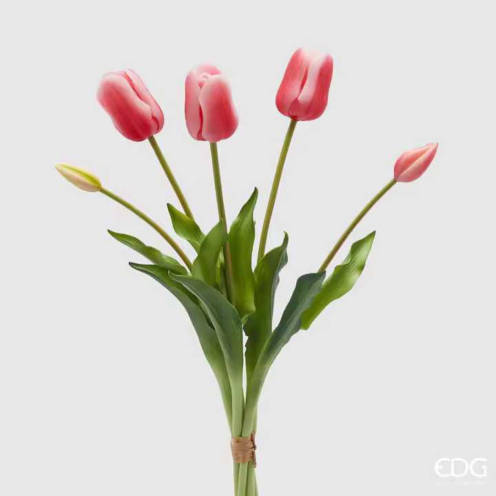EDG Enzo De Gasperi Bouquet 5 Tulipanes con Hojas Artificiales H 48 Cm Rosa Oscuro - 1
