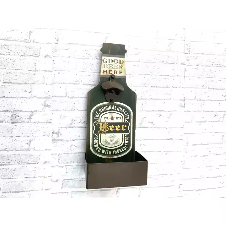 Abridor de Cervezas Pared Madera Verde Estilo Botella + Porta Chapas Metálico - 36,5x14,5x10 cm - 1
