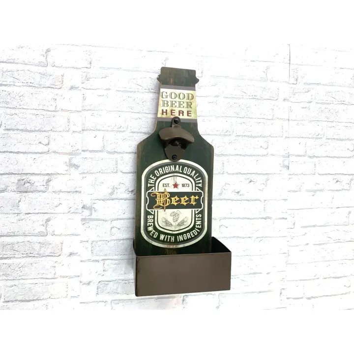 Abridor de Cervezas Pared Madera Verde Estilo Botella + Porta Chapas Metálico - 36,5x14,5x10 cm - 1