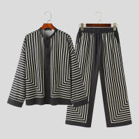 Conjunto De Ropa Casual Para Hombre 2024 Con Estampado Rayado Camisa De Manga Larga Y Pantalones V-Neck Estilo Callejero Talla S-5XL INCERUN - details 6
