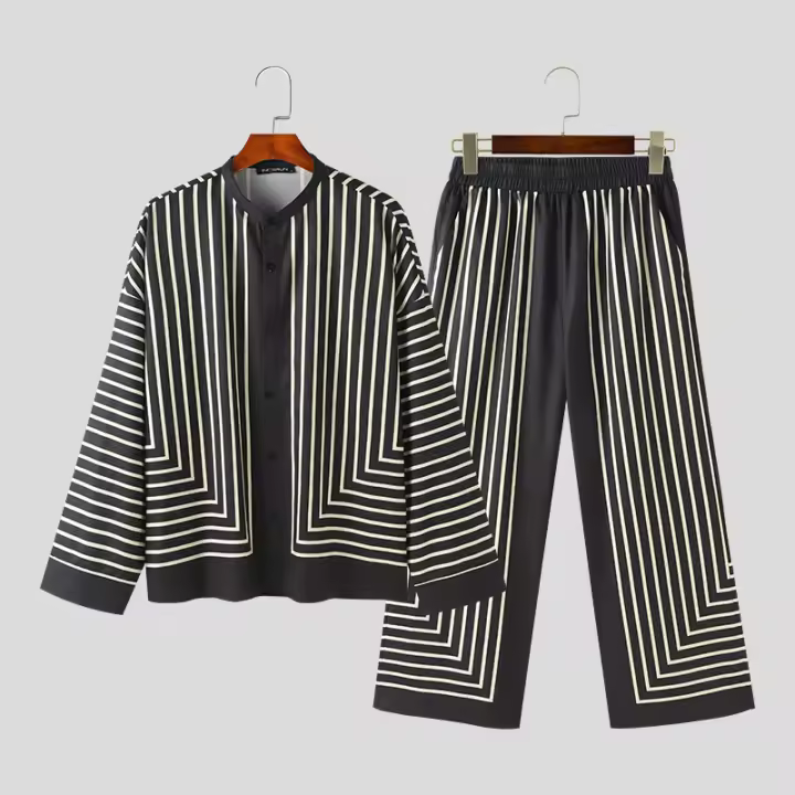 Conjunto De Ropa Casual Para Hombre 2024 Con Estampado Rayado Camisa De Manga Larga Y Pantalones V-Neck Estilo Callejero Talla S-5XL INCERUN - 1