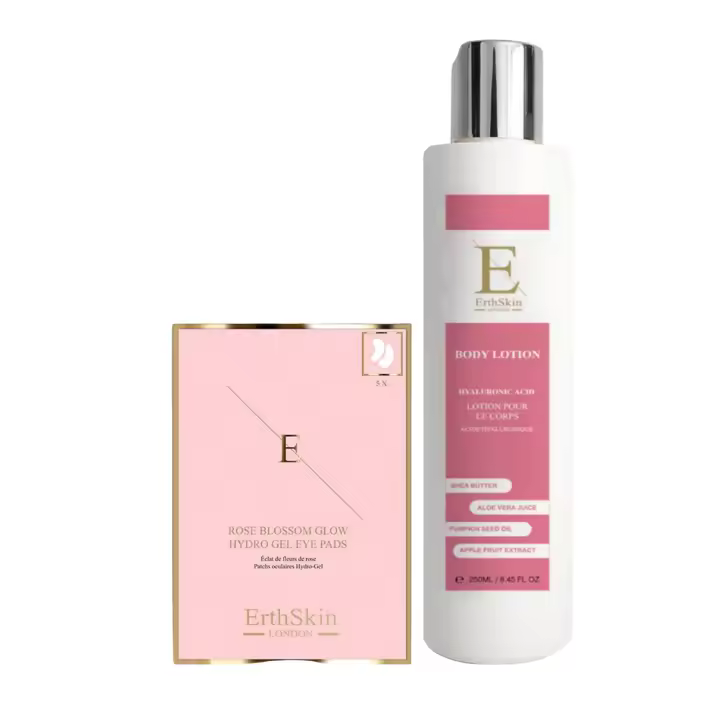 ErthSkin London Loción corporal con ácido hialurónico y colágeno (250 ml) + 5 almohadillas de hidrogel para ojos Rose Blossom Glow (2 unidades) - 1
