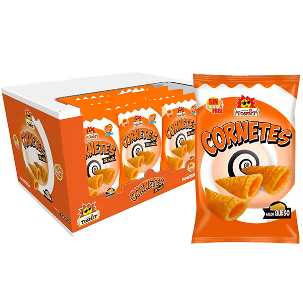 Tosfrit Aperitivos Caja de Cornetes Originales Sabor a Queso - 12x95g - Aperitivos de Maíz - Sin Gluten - 1