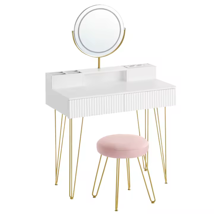 VASAGLE Tocador con Taburete e Iluminación, Regleta de Enchufes, Espejo Giratorio, Tocador, 40 x 80 x 134,8 cm, Tocador con Cajones, Taburete Tapizado, Blanco Mate y Dorado Pálido - 1