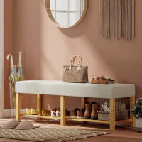 HOMCOM Banco Zapatero, Banco Recibidor Moderno, con Asiento Acolchado para 2 Personas, Estante Abierto, Marco de Madera, para Entrada, Pasillo, Salón, 140x44x48 cm, Crema y Madera Natural - details 1
