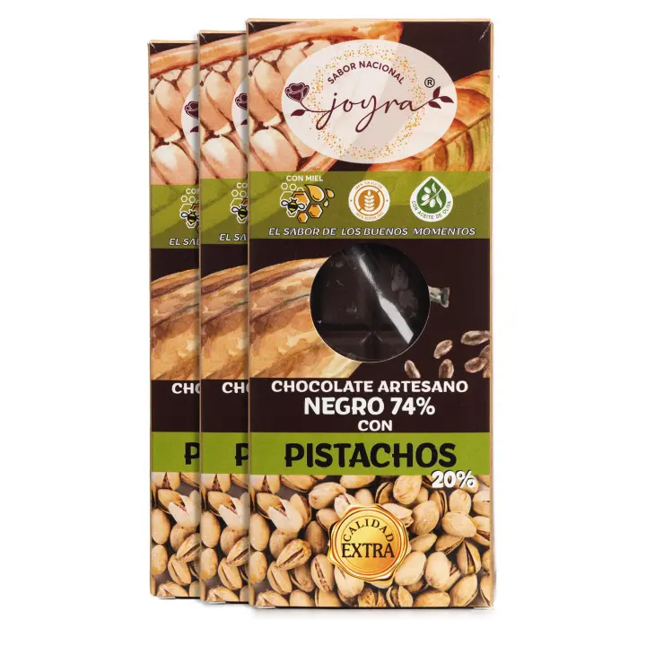 ARTE SABOR Pack 3 Tabletas de chocolate artesanal(74% Cacao) con pistachos (20%) y miel, 100g cada una. 6,8x1,3x16,8 Cm. - 1