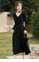 MISHOW Vestido Negro Tejido a Mano Con Ajuste Para Mujer Primavera/Otoño V-cuello Elegante Vintage A-line Midi Vestido MXC59L1640 - details 9