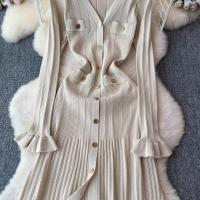 YuooMuoo Vestido Maxi Tejido Otoño Invierno Mujer Elegante V-cuello Botones Cintura Delgada Volantes Suéter Vestido Fiesta - details 9