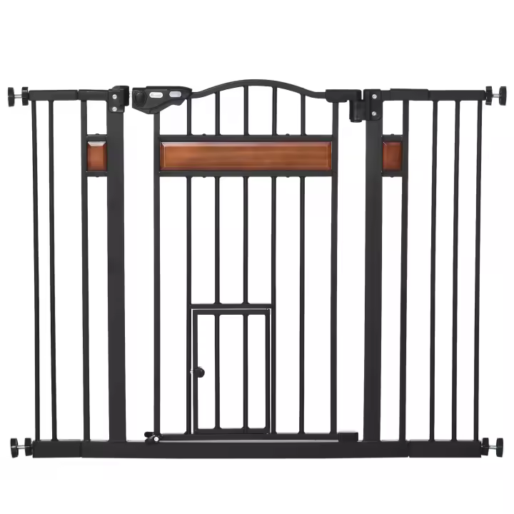 PawHut Barrera de Seguridad de Perros Extensible para Puertas y Escaleras 74-105 cm con 2 Extensiones de 10/15 cm con 2 Puertas y Cierre Automático Acero Altura 76,2 cm Negro - 1