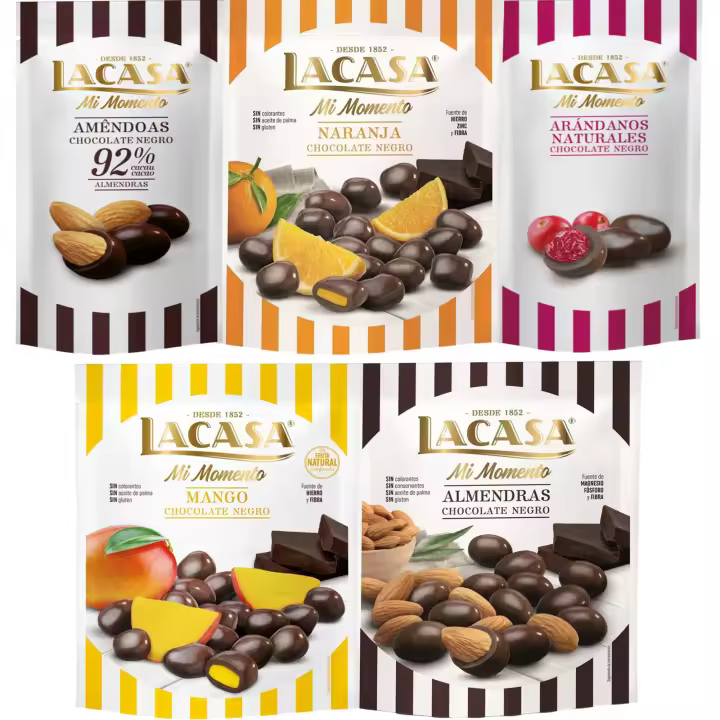 Lacasa Mi Momento pack de 5:Arándano Chocolate Negro ,Almendra 92% ,Almendra Chocolate Negro ,Naranja Chocolate Negro ,Mango Chocolate Negro - 1