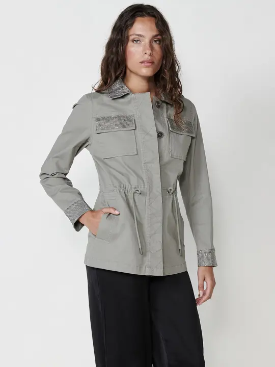 Koroshi - Parka de algodón 100% para mujer con ajuste en cintura, estilo safari kaki, largo a la cadera y forro ligero - 1