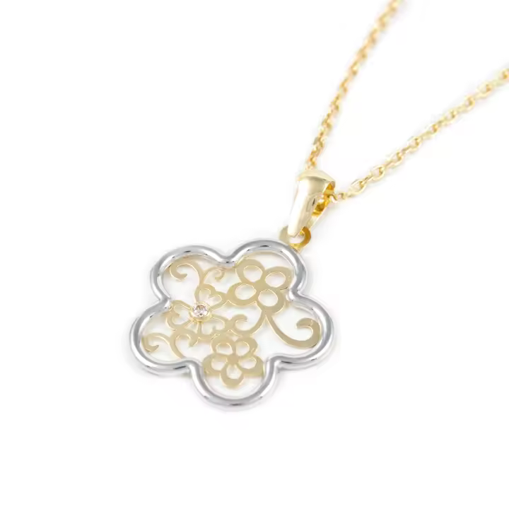 Colgante Oro Bicolor 18K Flor Treboles Circonita Mate y Brillo - Mondepetit - 1