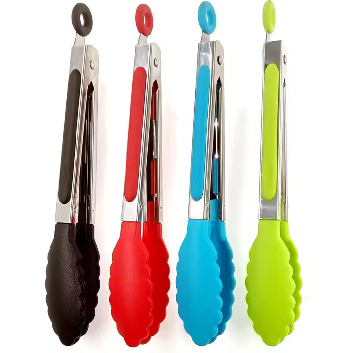 Pinzas de cocina, juego de 4, pinzas de acero inoxidable antideslizantes de 7" con clip de bloqueo para cocinar, asar, servir, resistentes al calor, de calidad alimentaria - 1
