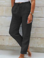 Pantalones De Verano De Algodón Y Lino Para Mujer Cintura Alta Elástica Casual Transpirables Pantalones De Pato Sueltos De Moda Para Calle - details 2