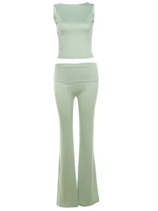 Conjunto De Ropa De Verano Para Mujer Weird Puss 2 Piezas Camiseta Sin Espalda Y Pantalones Flares Estilo Callejero Elegante Y Casual - 1