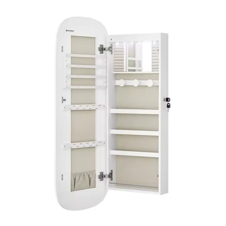 SONGMICS Armario para Joyas, Espejo Joyero de Pared, Organizador con Luz LED y Cerradura, Varios Compartimentos, para Pendiente, Collar, Superficie Blanca y Forro Gris Beige - 1