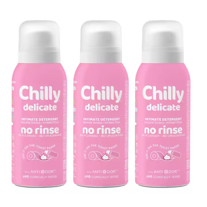 Chilly Espuma de Higiene Íntima Fórmula Delicada Sin Aclarado, Pack 3 x 100 ml, Limpieza Suave y Práctica para Uso Fuera de Casa, Limpieza Respetuosa, Efecto Calmante con Aloe y Hamamelis - 1
