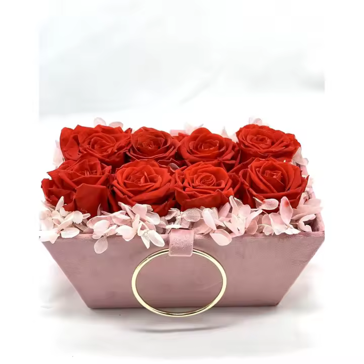 8 Rosas Eternas Rojas en Caja Terciopelo Rosa - Flores Día de la Madre - Flores preservadas para Regalar con DEDICATORIA (Rosas Rojas en Caja Rosa) - 1