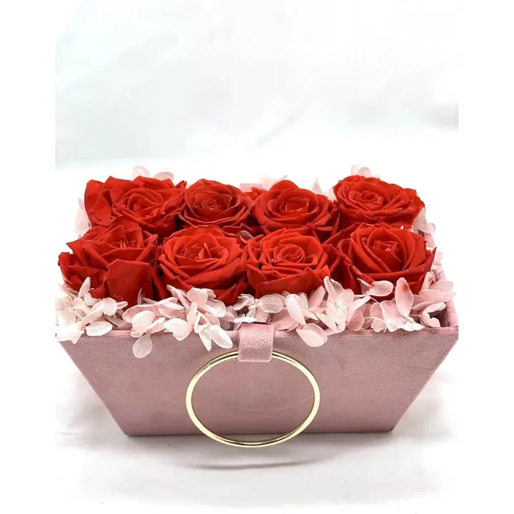8 Rosas Eternas Rojas en Caja Terciopelo Rosa - Flores Día de la Madre - Flores preservadas para Regalar con DEDICATORIA (Rosas Rojas en Caja Rosa) - 1
