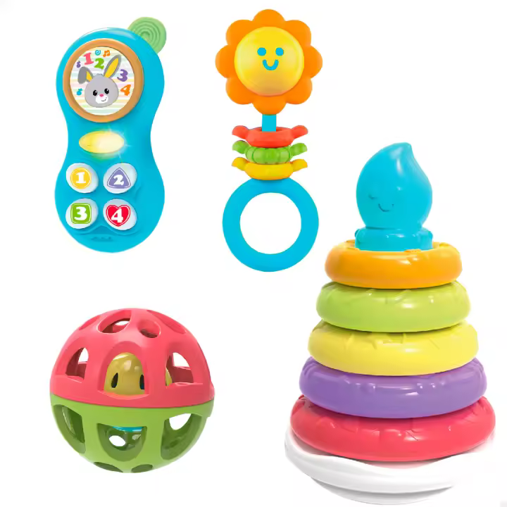 Winfun - Set 4 actividades bebé recién nacido, sonajero con mordedor, teléfono con luz y melodías, bola con sonajero y tentetieso, regalo para bebés, mayores de 0 meses - 1