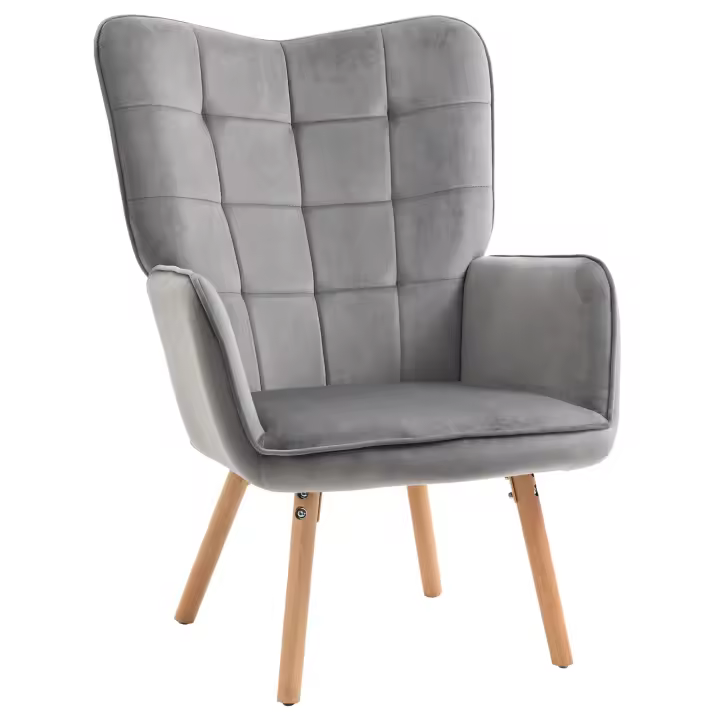 HOMCOM Silla de salón ComedorSilla Sillón Sillón individual con respaldo Apoyabrazos Espuma de poliéster aterciopelada Madera de haya Gris+Natural 71 x 76 x 101 cm - 1