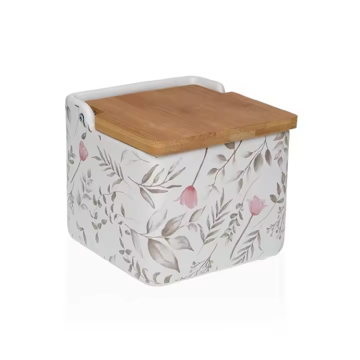 Salero Avalon Cerámica Blanca Flores Rosas Evian, Vintage  (12x12x11,5 cm ) - 1