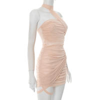 CUTENOVA Vestido Corto De Mujer En Color Sólido Con Parche De Malla Y Cuello Colgante Sin Espalda De Encaje Asimétrico Y Pleated Para Verano - details 3