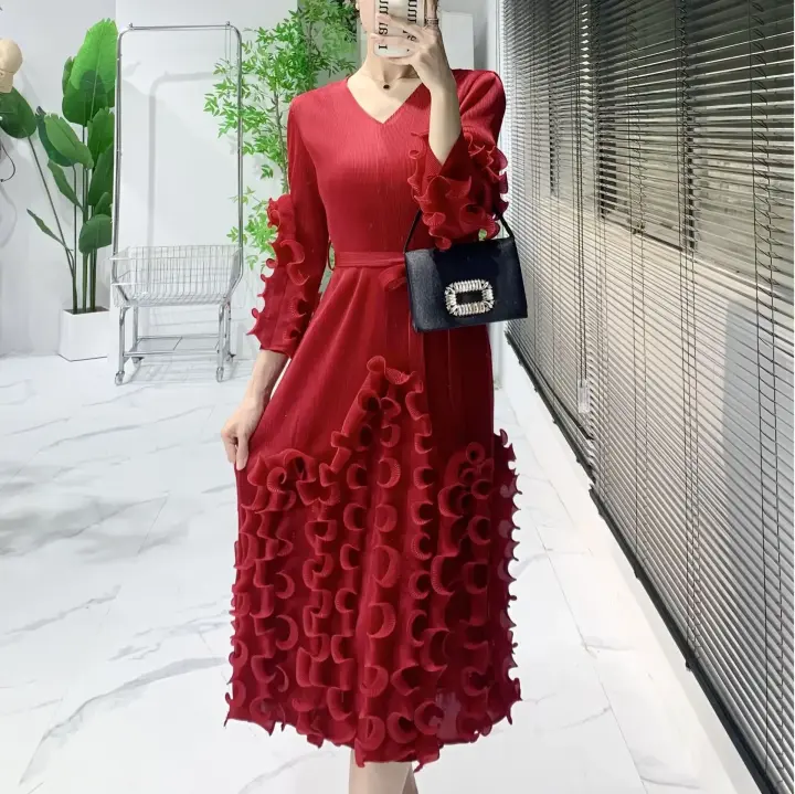 Vestido Elegante De Mujer 2024 Pleated Miyak Primavera Otoño V-Neck Suéter Beaded Exquisito Cinturón A-Line Midi Vintage Polyester - 1