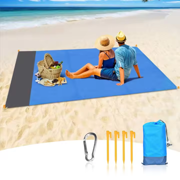 Colchoneta de playa portátil, a prueba de arena, impermeable y de secado rápido (210 cm x 200 cm, azul + gris) - 1
