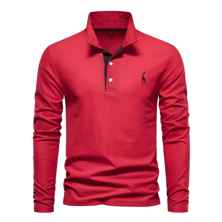 Camisa Polo Para Hombre AIOPESON 2023 Con Bordado De Ciervo Manga Larga Color Sólido Estilo Casual Business Anti-Shrink - 1