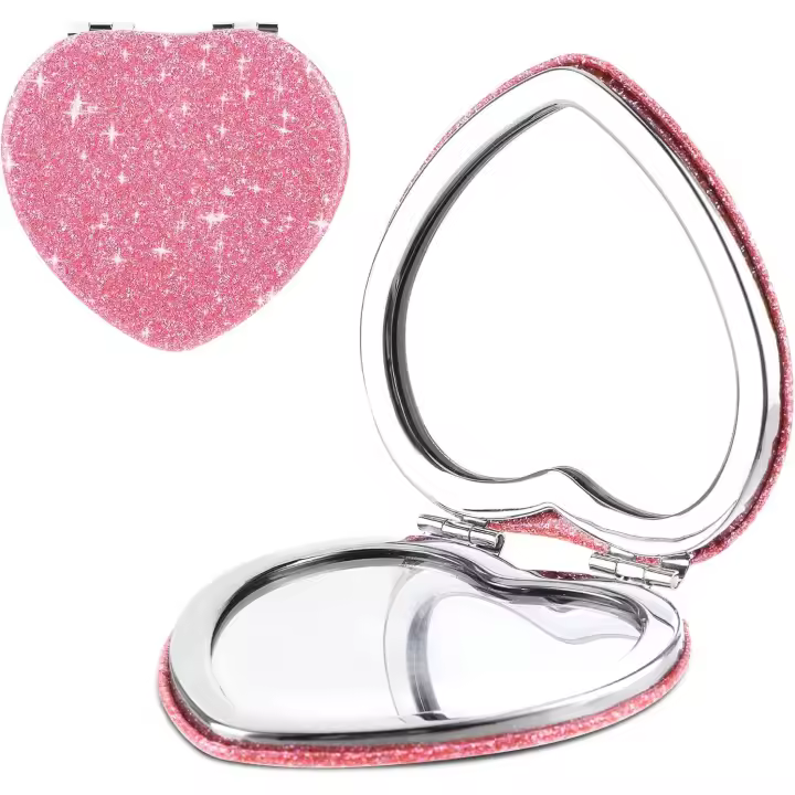 Espejo compacto para bolso, en forma de corazón, doble cara, con aumento 1X/2X, con purpurina, mini espejo de tocador portátil para viaje. - 1