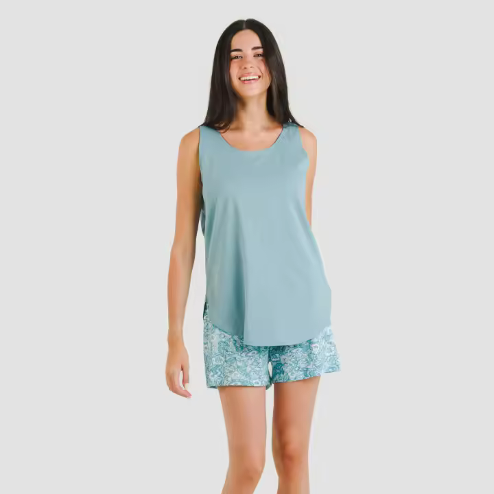 Tramas+ Pijama Mujer Verano, Pijama Corto Mujer de Camiseta Manga Fluida o Sin Mangas  y Pantalón Corto con Cintura Ajustable, Conjunto de Verano para Mujer - 1