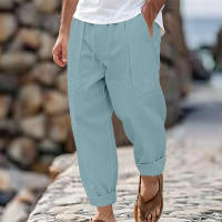 Pantalones de hombre de algodón y lino de estilo americano de talla grande, transpirables y absorbentes del sudor, de color sólido, pantalones casuales básicos de pierna ancha para hombre - details 20
