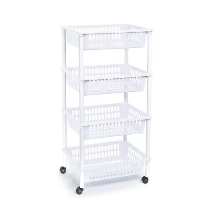 Tradineur - Carro verdulero blanco modelo PLFT con ruedas 4 cestas 85 x 40 x 30 cm . Carrito portaobjetos estantes multiusos para organizar los espacios domésticos - 1