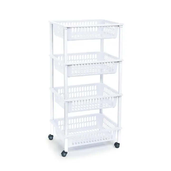Tradineur - Carro verdulero blanco modelo PLFT con ruedas 4 cestas 85 x 40 x 30 cm . Carrito portaobjetos estantes multiusos para organizar los espacios domésticos - 1